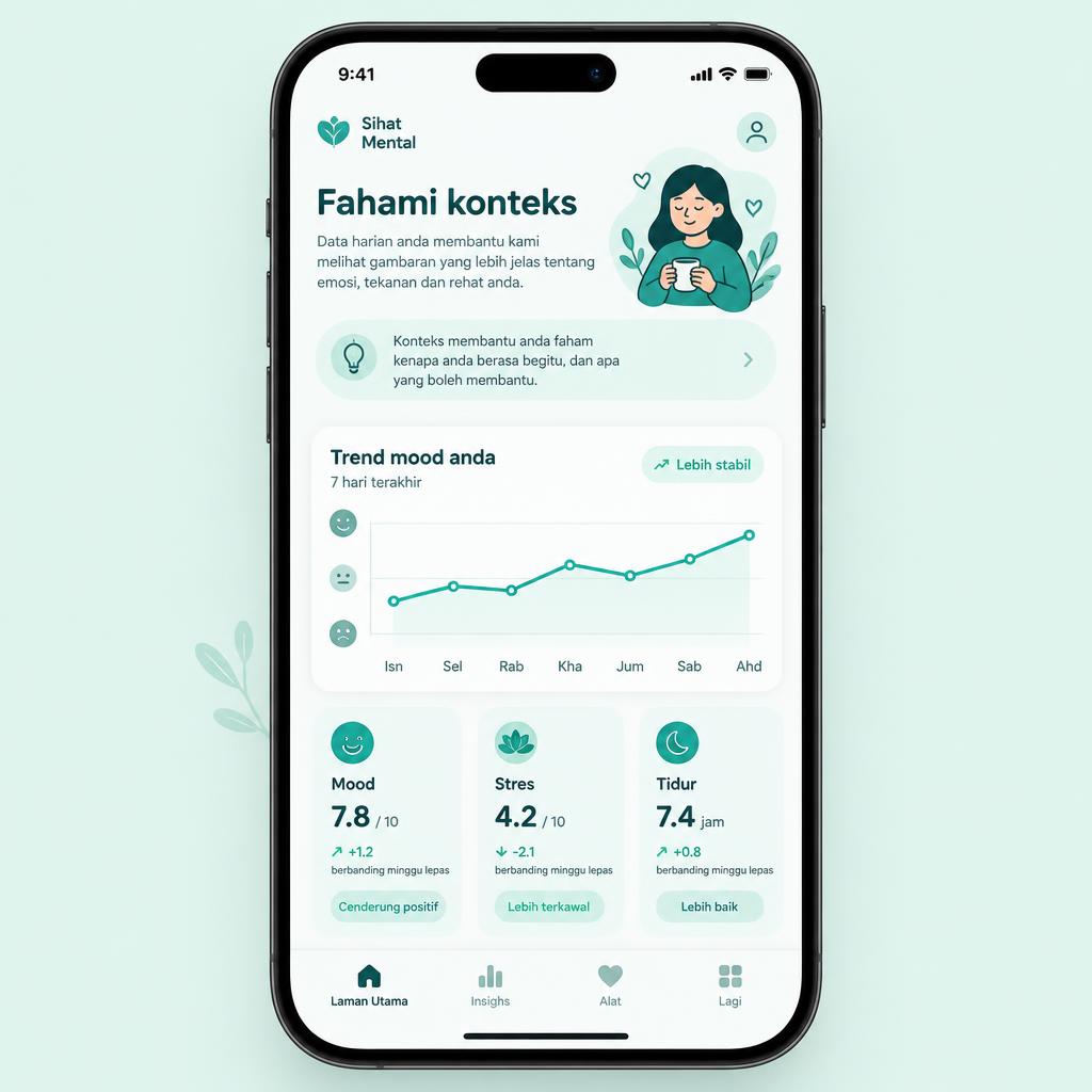 Skrin cerapan kesejahteraan aplikasi Jiwa Sejahtera di telefon pintar
