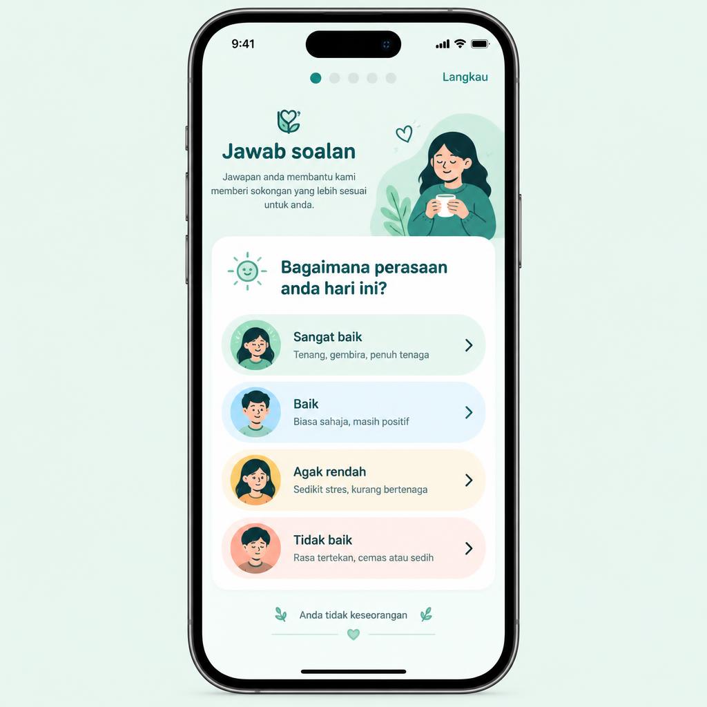 Skrin soalan permulaan aplikasi Jiwa Sejahtera di telefon pintar